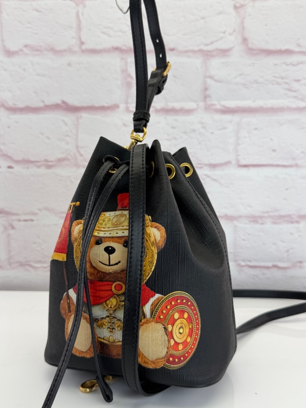 Moschino Roman Teddy Bear Bucket Drawstring Tote Crossbody